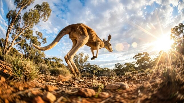Kangaroo leaping across Australian landscape during sunset