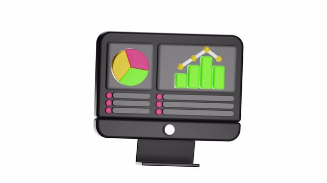 3d ux icon motion computer screen with data charts and graphs. Suitable for presentations, financial reports, business analysis, and market research projects.