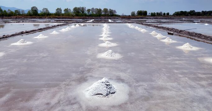 zoom out of traditional salt pans featuring rows of harvested white salt mounds reflecting in shallow water under a clear sky 