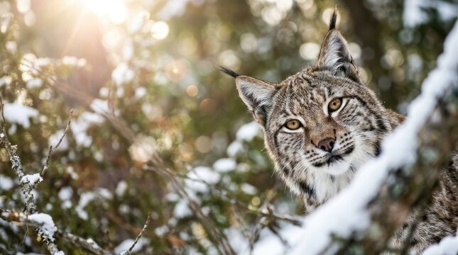 Lynx peeking out from snowy branches in winter sunlight