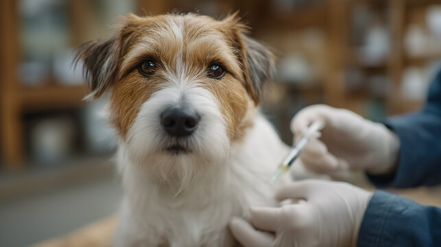 Close-up candid of hands administering subcutaneous insulin injection into loose scruff of elderly diabetic dog, veterinary clinic floor visible below, dog's patient expression captured mid-injectio