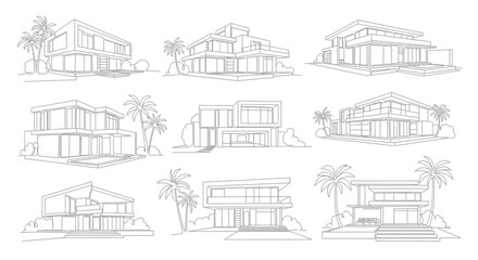 Naklejka premium Modern house architectural sketches collection with line art