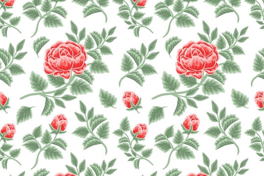 vintage floral pattern with red cabbage roses and green leaves on white seamless background