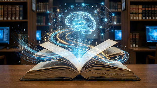 The evolution of knowledge An ancient book transforms into a luminous brain, illustrating the fusion of education and artificial intelligence in a modern library
