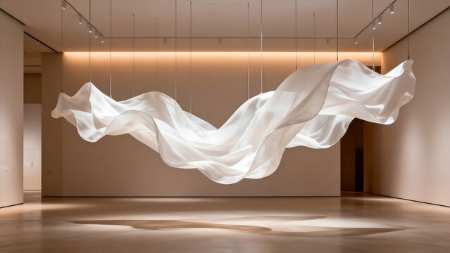 Suspended white fabric sculpture in gallery