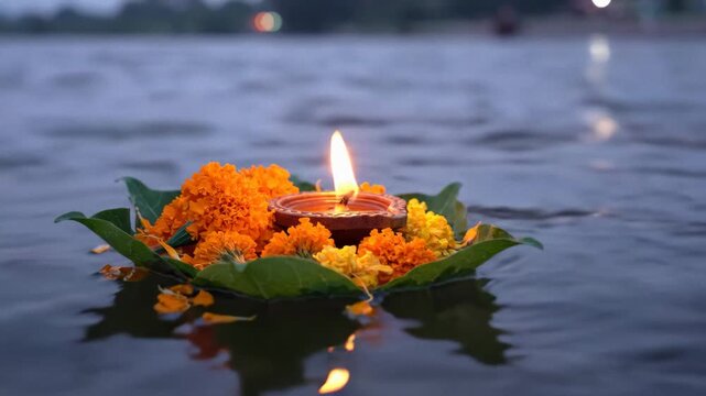 Serene close-up of a lit orange diya floating on the ganges for ganga dussehra at dusk.