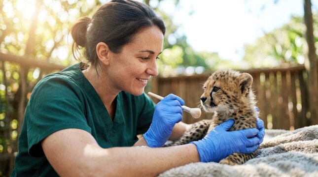 Vet caring for a cheetah cub, feeding it with a brush