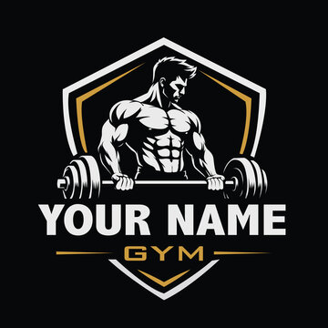 Premium Gym Logo with Muscular Man Lifting Barbell and Shield Emblem