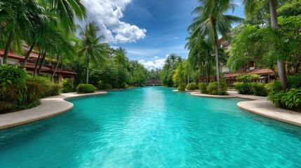 Fototapeta premium Serene Tropical Resort Pool with Lush Greenery and Blue Sky Under Vibrant Cloudscape, Ideal for Relaxation and Vacation Imagery