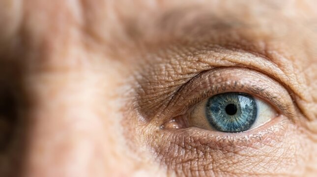 Extreme close-up of a blue human eye showing intricate details of iris and aged skin