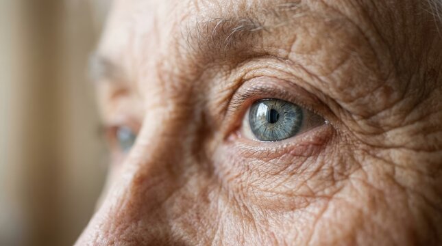 Extreme close-up of an elderly person's blue eye and wrinkled skin