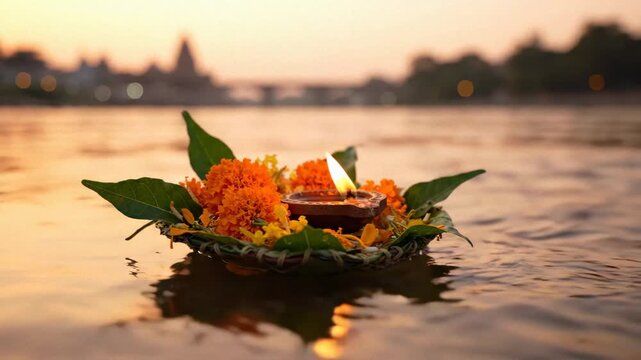 Spiritual diya floating on the ganges for ganga dussehra at sunset with a warm golden glow.