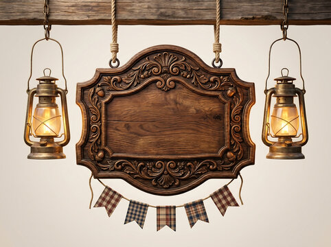 Rustic wooden sign with lanterns and banners hanging on a wall