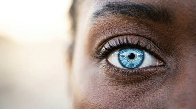 Close-up of a person's striking blue eye with dark skin