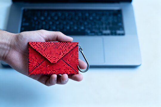 Hand holding red pixel envelope with laptop