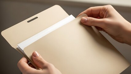 Obraz premium Close-up of Hands Holding a Beige Folder with Documents