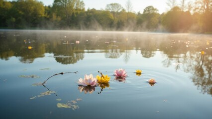 Calm water reflecting light and fog, adorned by blooming flowers gently floating on its surface.