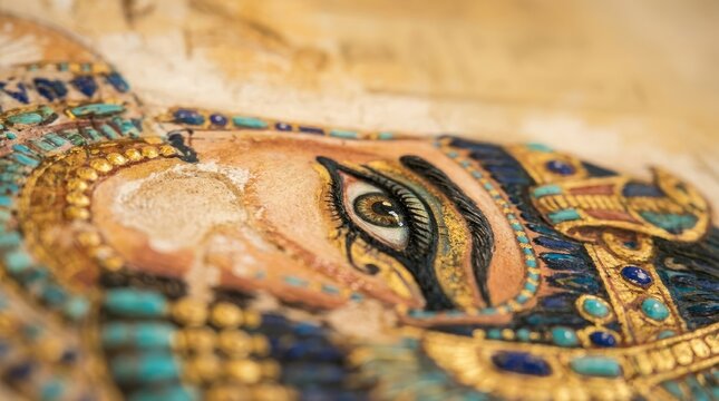 Close-up of an Ancient Egyptian Sarcophagus Eye with Turquoise and Gold Embellishments