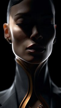 Ein futuristisch wirkender Mensch mit gl&auml;nzender Haut und goldenem Halsschmuck steht vor schwarzem Hintergrund.