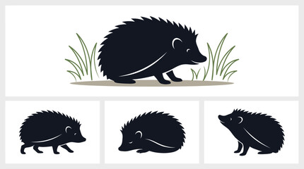 hedgehog silhouette set with grass and different poses © lahiru
