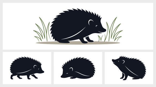 hedgehog silhouette set with grass and different poses