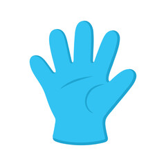 Obraz premium Blue disposable glove is seen on a white background, palm facing forward, fingers spread