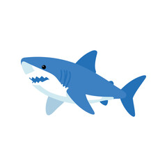 Fototapeta premium Cartoon great white shark with sharp teeth swimming in the ocean on a white background