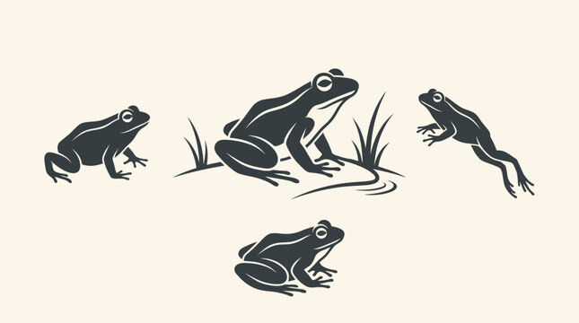 Four black silhouette frogs sitting and jumping on grass