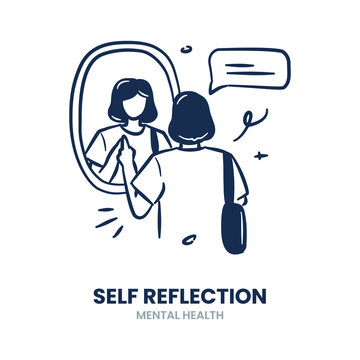 Self reflection, mirror, awareness,introspection, understanding, confidence, meditation, emotion, self care, motivation, evaluation. Vector Illustration