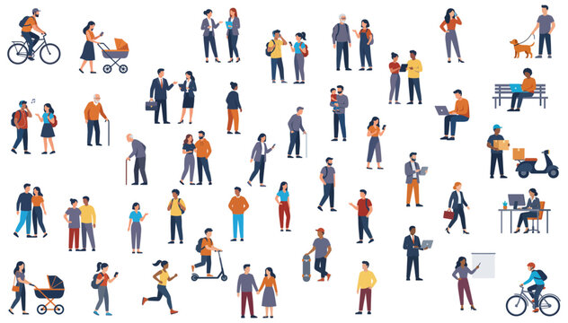 Diverse people characters walking and performing daily activities | Large collection of outdoor urban citizens in various poses | Flat vector icons