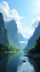 Fototapeta premium A picturesque view of a river valley surrounded by towering mountains and forested areas.