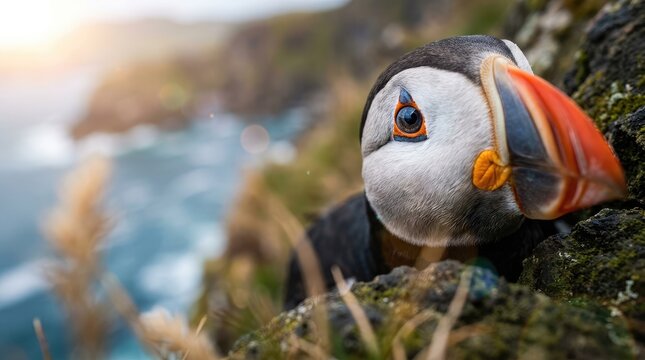 Close-up of an Atlantic Puffin on a rocky cliff overlooking the ocean