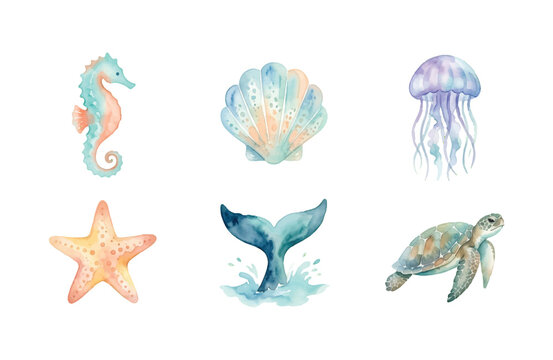 Watercolor Ocean Life Icons Set - Seahorse, Shell, Jellyfish, Starfish, Whale Tail, and Sea Turtle