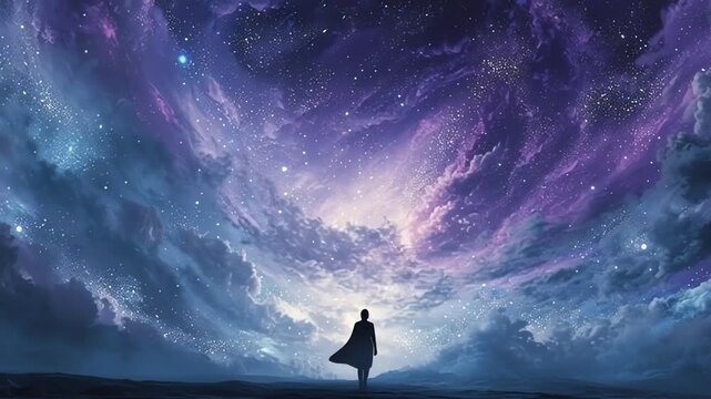 Lone figure gazes at a breathtaking cosmic nebula in a vibrant galaxy.