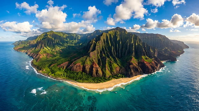 Na Pali Coast Aerial View, Kauai Hawaii - Lush Green Cliffs Meeting Turquoise Ocean