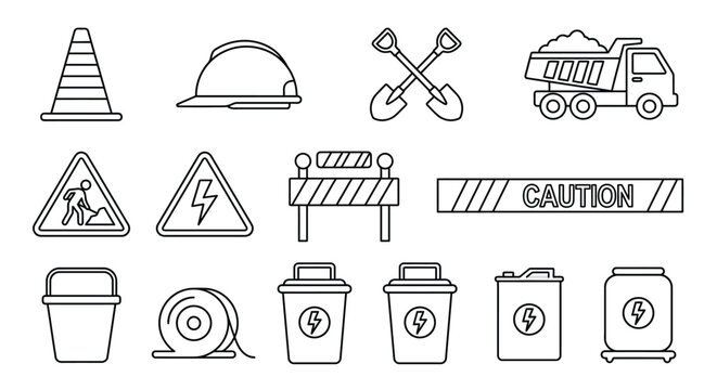 construction site icons set line art style on white background