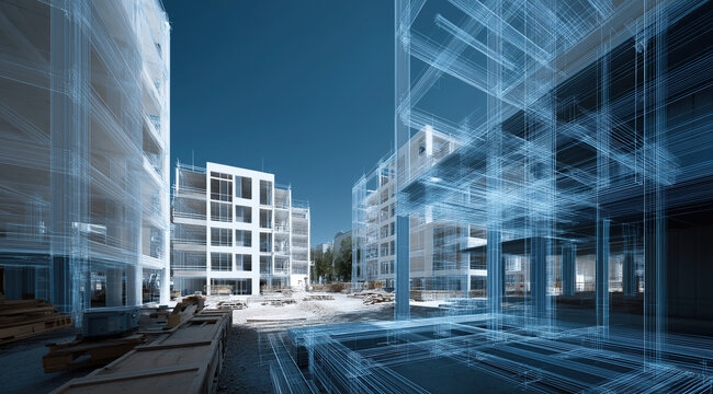Glowing digital wireframe networks interweave with real residential construction between buildings on busy urban site.
