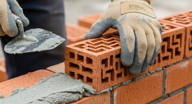 Construction worker building a brick wall with mortar and trowel