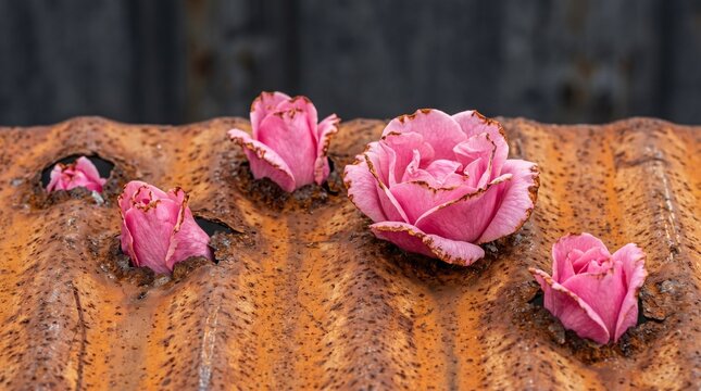 Rusted corrugated metal sheet + rose petals bleeding from the rust holes