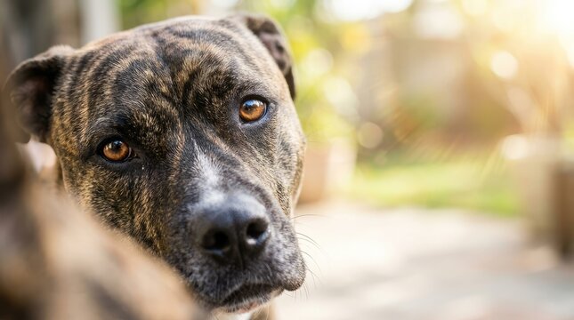 Brindle Pitbull dog peeking around a corner with a curious gaze