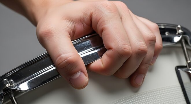 Close-up of a human hand gripping a chrome snare drum rim