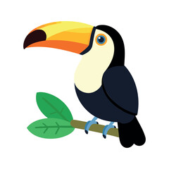 Naklejka premium Colorful toucan bird sitting on a branch with green leaves in simple illustration