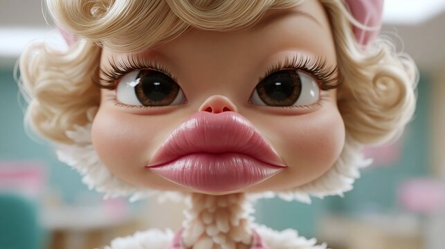 Digitale 3D-Illustration einer puppenhaften Figur mit &uuml;bertrieben gro&szlig;en Lippen und Augen sowie lockigem hellem Haar