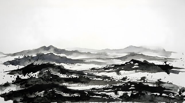 Abstract monochrome ink wash painting portrays a minimalist mountain landscape using traditional sumi-e brushstrokes.