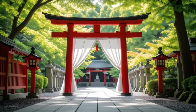 Elegant Shinto-inspired stage with red torii gate and white silk drapes