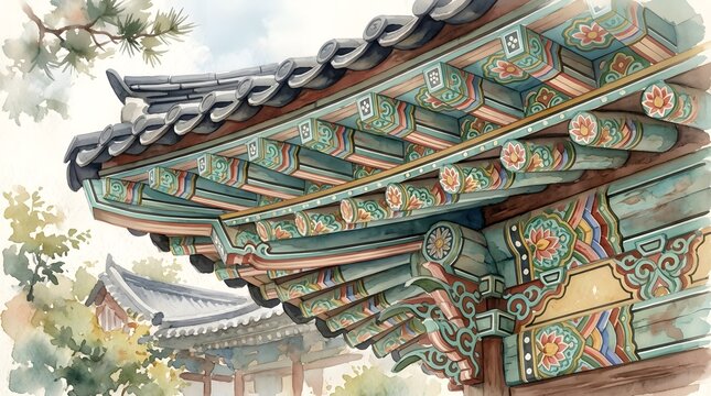 A beautiful watercolor illustration showcases the intricate dancheong patterns and majestic tiled roof of traditional Korean temple architecture.
