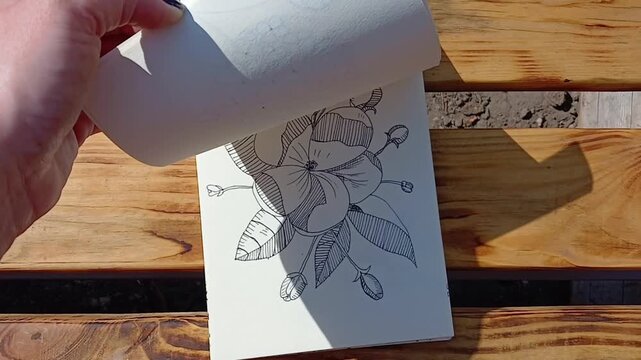 Hand flipping through a sketchbook with drawings