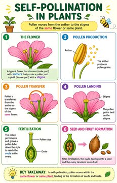 Easy science poster illustrating step-by-step self pollination in plants for school education