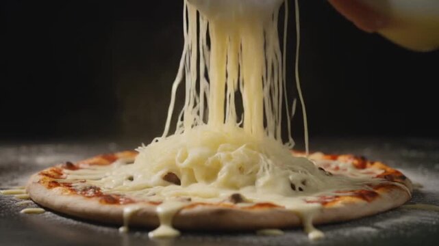 Slow motion pour of molten cheese over sizzling pizza, cheese strings pulling naturally, professional studio lighting, bright and contrasting background, cinematic food shot