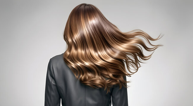  Woman with long smooth shiny hair, back view, soft chestnut with golden shimmer, balayage coloring technique, color treated hair ad, salon treatments, glossy texture.